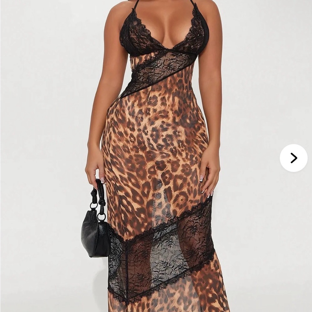 Fashion Nova Leopard Print Lace Trim Maxi Dress - Black & Brown